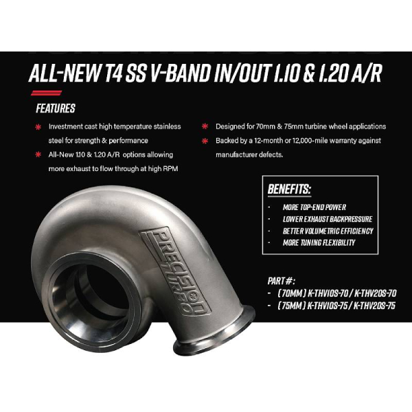 Turbine Housing for 75mm Precision Turbos, Stainless Steel, T4 Based V-Band In/V-Band Out in 1.10ar & 1.20ar