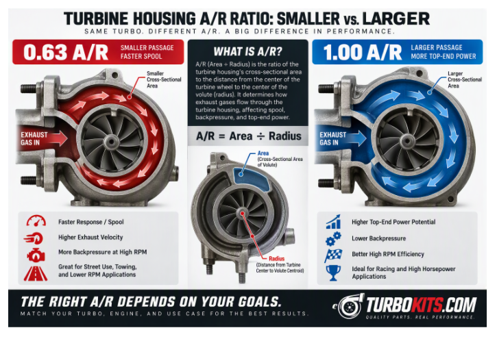 Comparison of 0.63 A/R and 1.00 A/R turbine housings showing differences in spool, backpressure, and top-end power